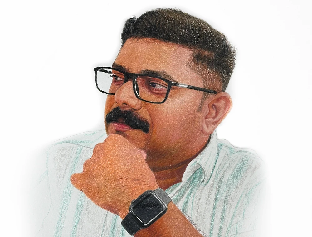 Thoughtful man with watch in color pencil by Artist Siraj